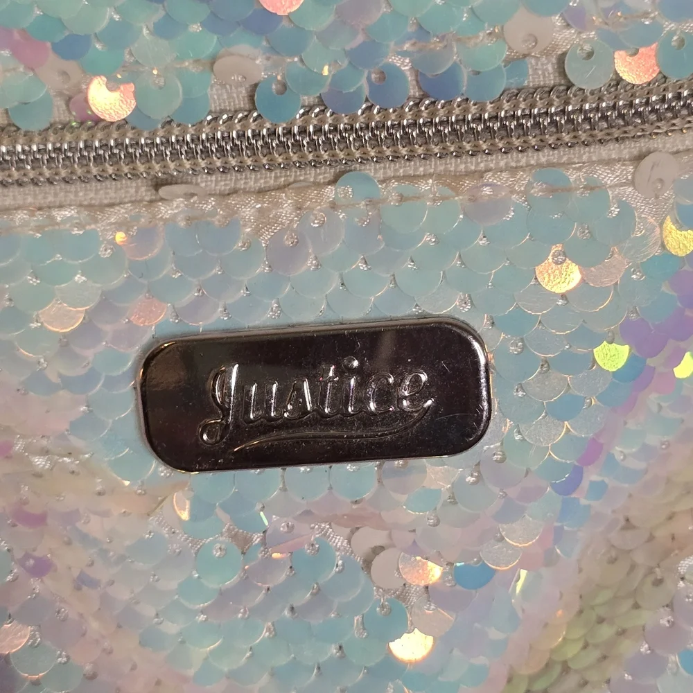 Justice Silver Flip Sequin Mini Backpack T Initial Pompom Metallic Glitter Bag